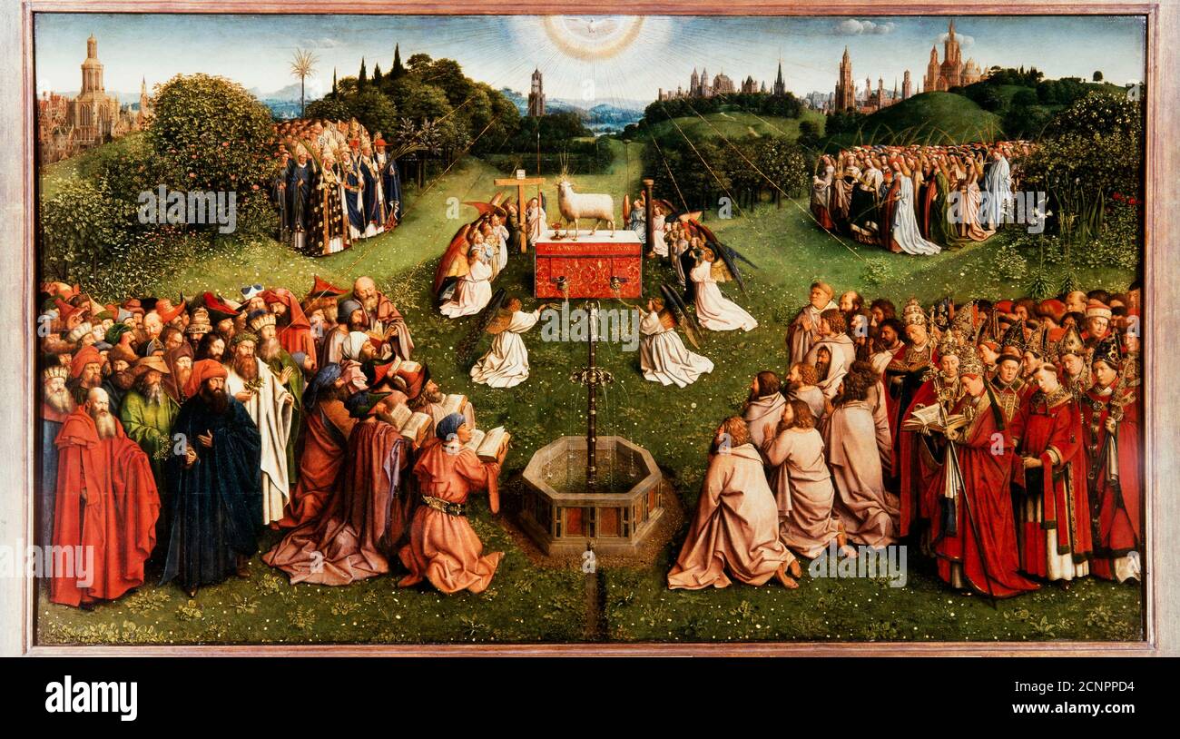 La pala d'altare di Gand. Adorazione dell'Agnello mistico, 1432. Trovato nella collezione della Cattedrale di San Bavo, Gand. Foto Stock