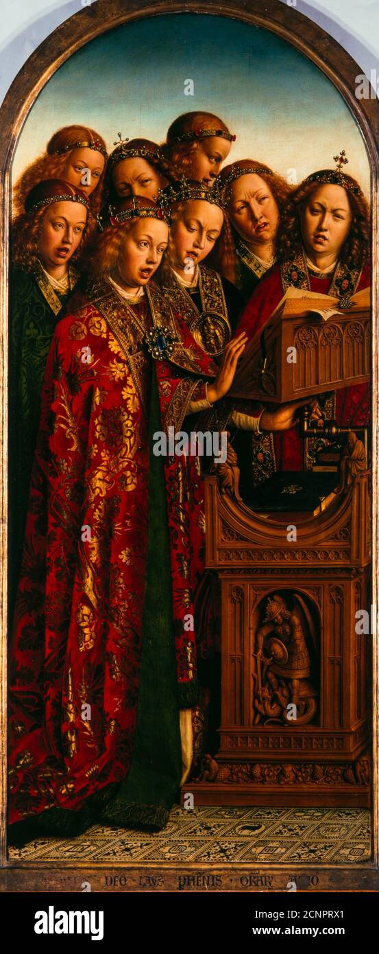 La pala d'altare di Gand. Adorazione dell'Agnello mistico: Angeli cantanti, 1432. Trovato nella collezione della Cattedrale di San Bavo, Gand. Foto Stock