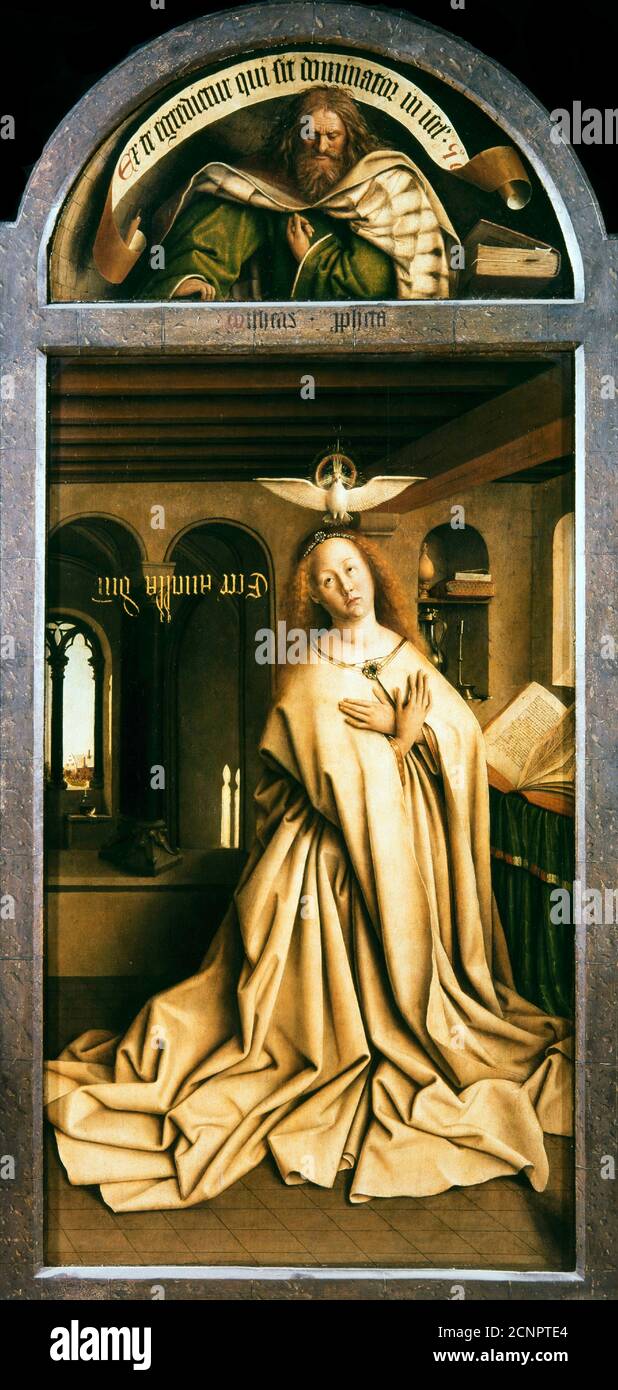 La pala d'altare di Gand. Adorazione dell'Agnello mistico: Vergine Annunciata, 1432. Trovato nella collezione della Cattedrale di San Bavo, Gand. Foto Stock