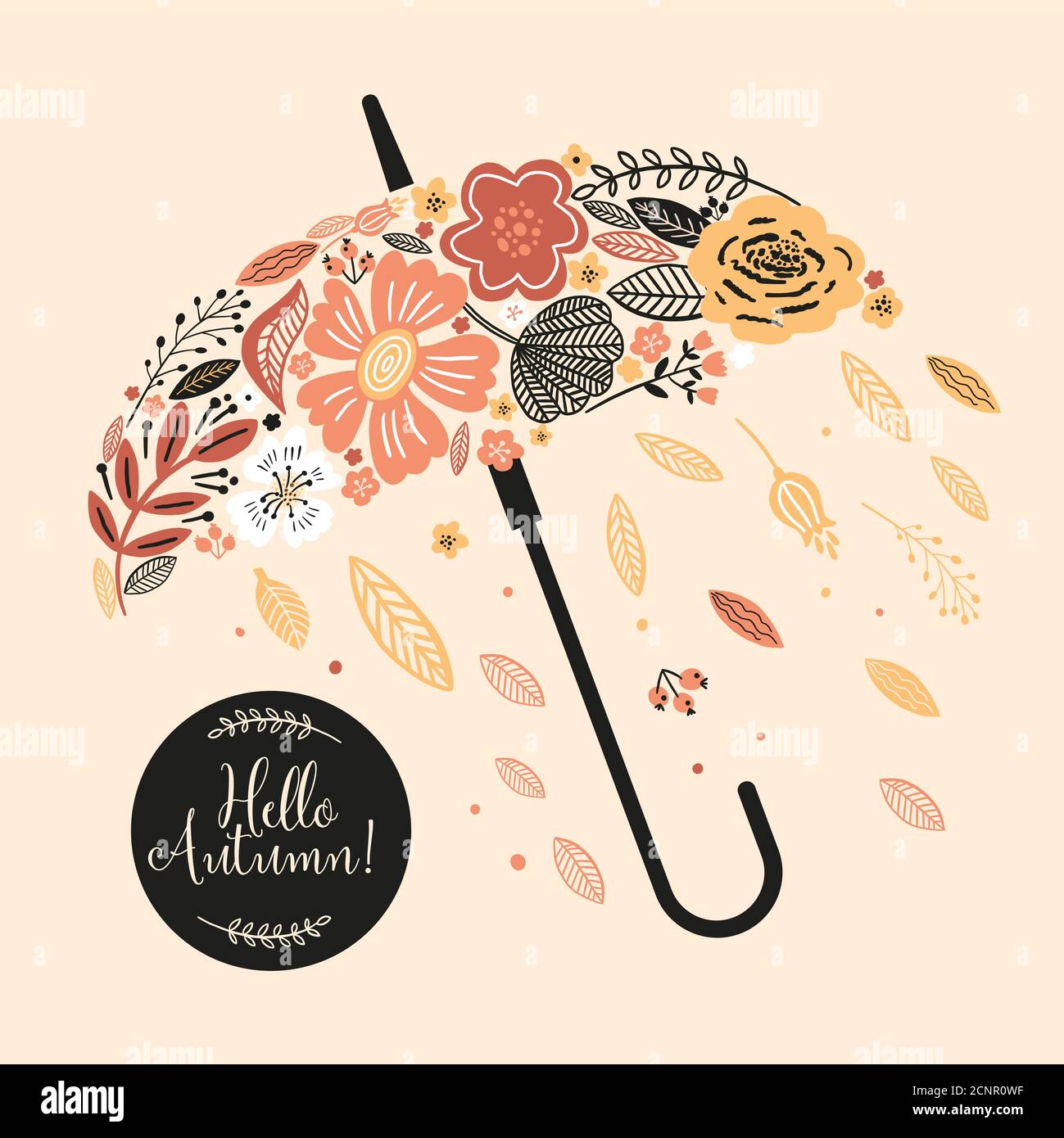 Bella carta autunnale con ombrello, fiori, foglie e con l'iscrizione Ciao autunno. Perfetto per biglietti d'auguri, cartoline, t-shirt design e. Illustrazione Vettoriale