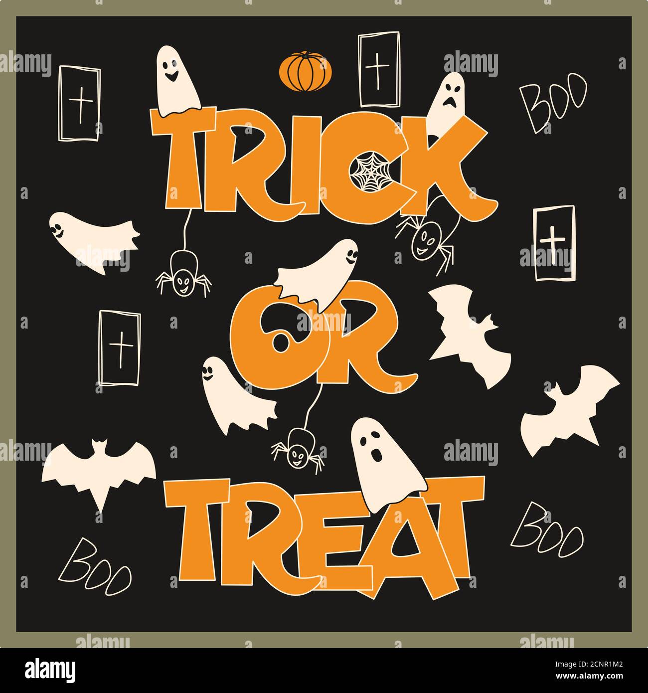 Immagine vettoriale trick o trick su sfondo nero. Design Halloween Illustrazione Vettoriale