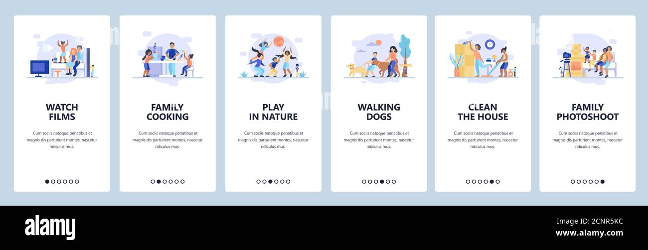 Tempo di famiglia. I genitori trascorrono il tempo con i bambini. Schermate di onboarding delle app mobili, modello di banner dei siti Web vettoriali. Illustrazione Vettoriale