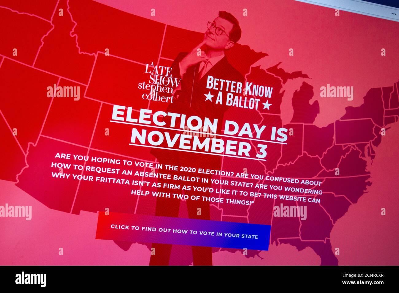 Screenshot del sito web 'A Late Show with Stephen Colbert' www. betterknowaballot.com con informazioni su come votare per le elezioni americane del 2020. Foto Stock