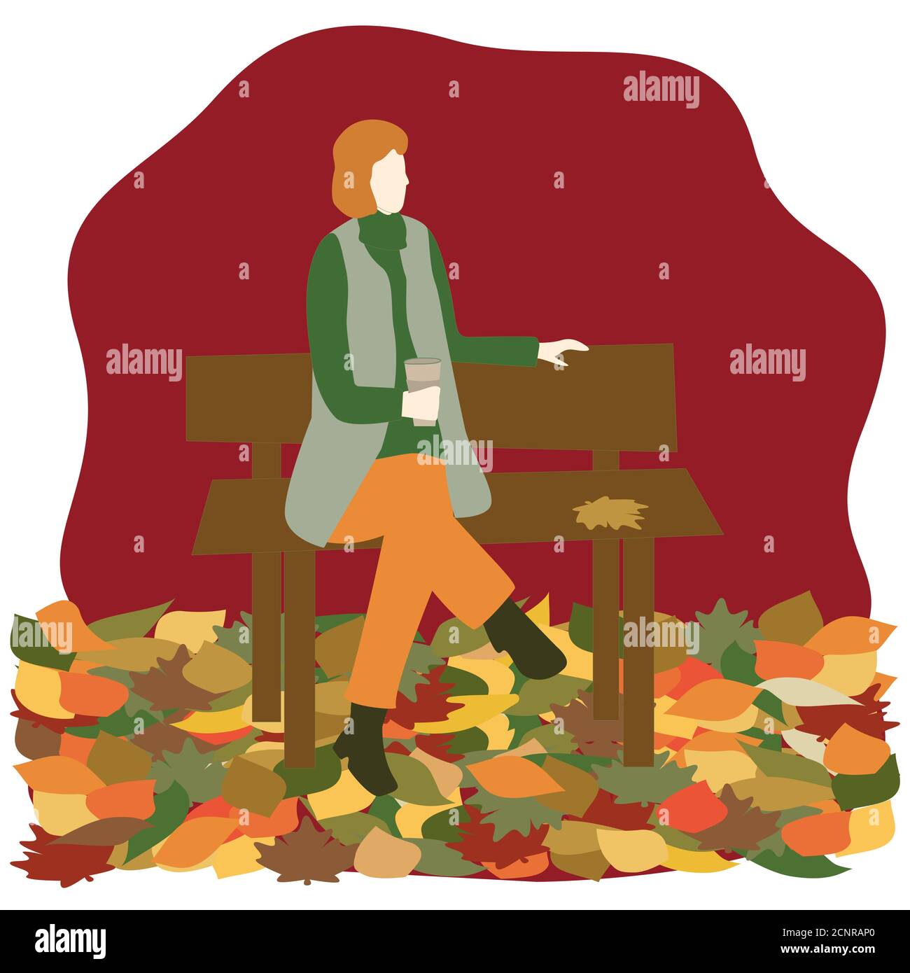 Donna è seduta su una panchina in un parco autunnale con una tazza di caffè. La caduta della vita è luminosa e bella. Illustrazione vettoriale. Stile piatto. Illustrazione Vettoriale