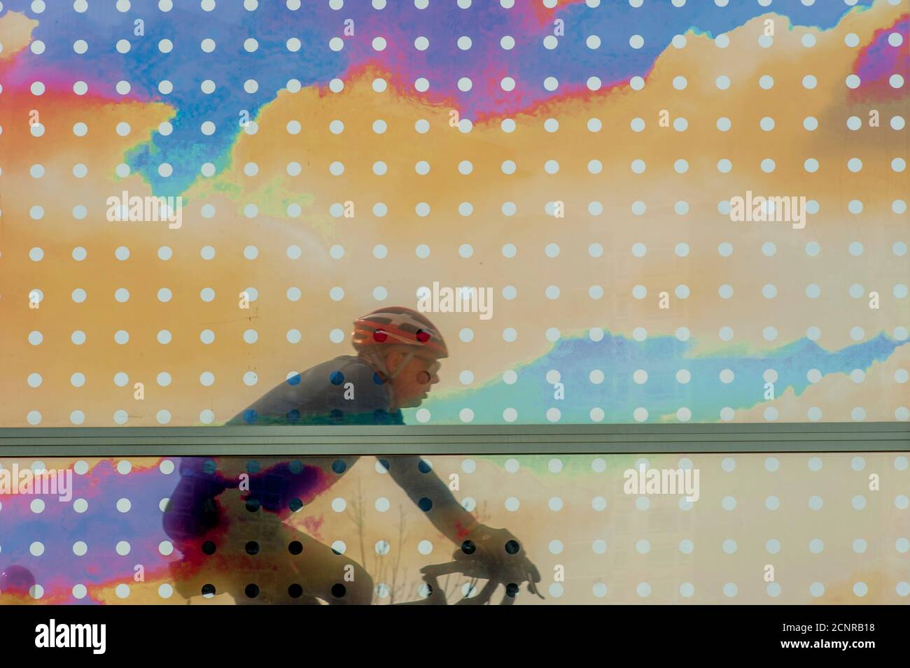 Una bicicletta che attraversa la copertura della Seattle Cloud, un ponte di vetro all'aperto e una scultura dell'artista americano Teresita Fernandez, installata presso l'Olympic SC Foto Stock