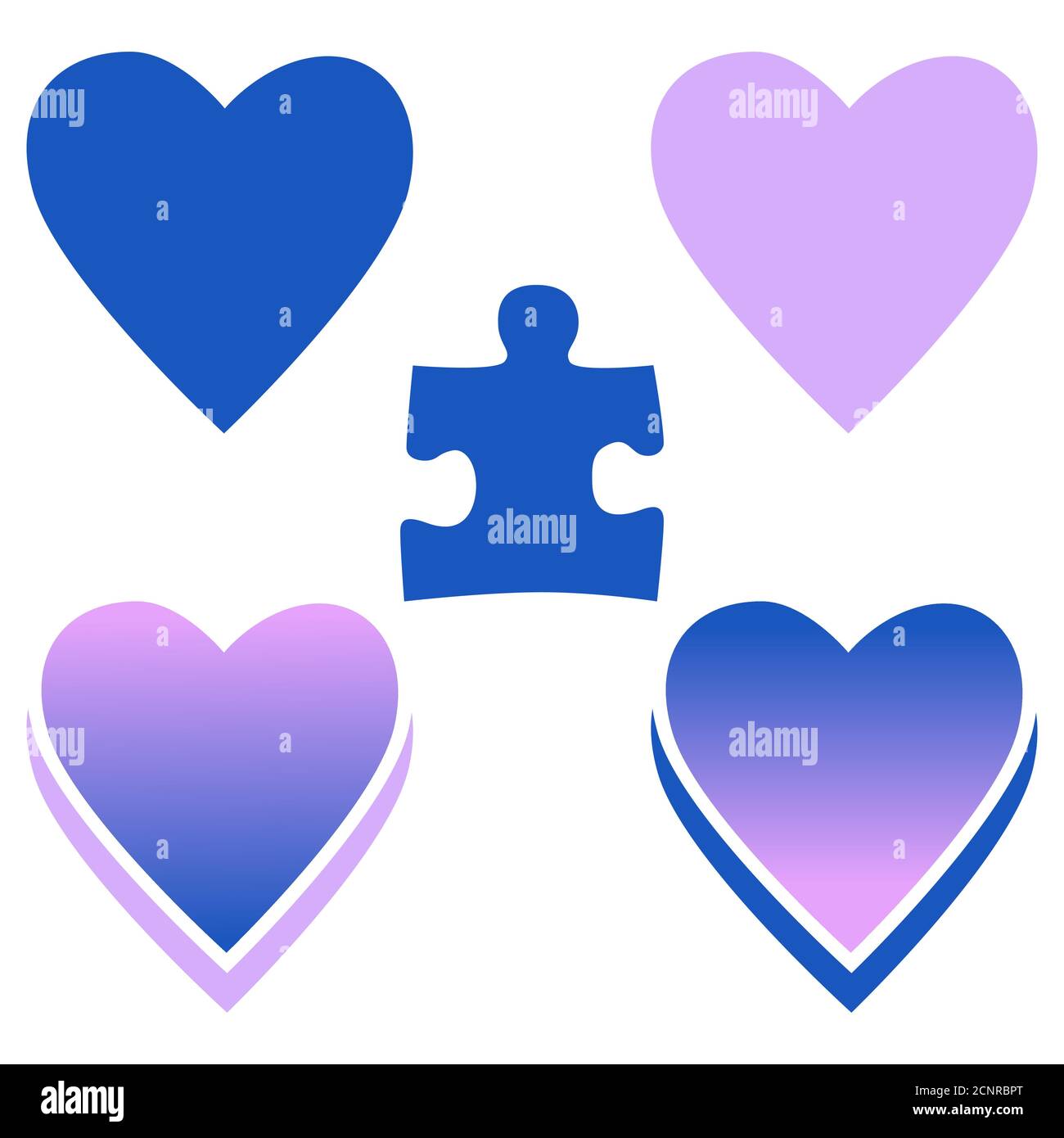 Simboli di consapevolezza dell'autismo. Cuori e Puzzle pattern. Illustrazione vettoriale. Isolato su sfondo bianco. Illustrazione Vettoriale