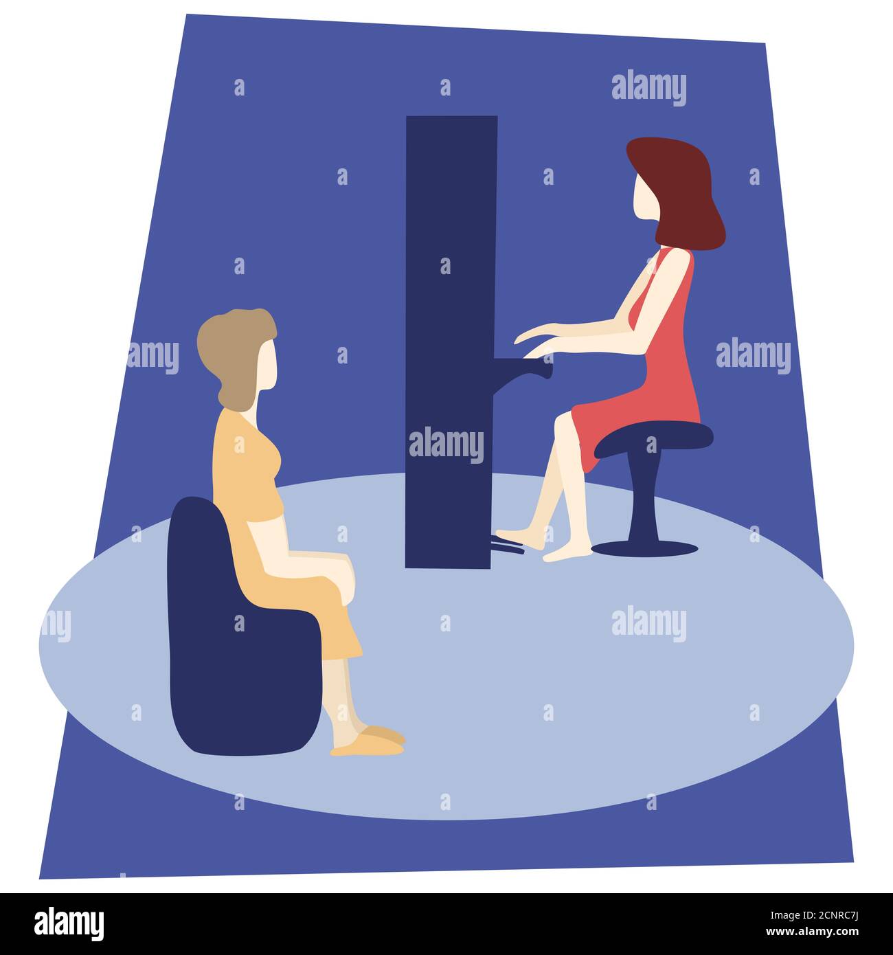 Vettore piatto illustrazione madre, figlia e musica. Concetto di soggiorno a casa. Madre e figlia insieme. La figlia suona il pianoforte, la mamma ascolta la musica. Illustrazione Vettoriale