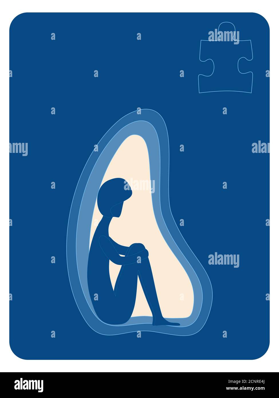 Consapevolezza autismo. Silhouette in piedi in una grotta. Simbolo autismo forma Pazzle. Spazio di copia. Illustrazione Vettoriale