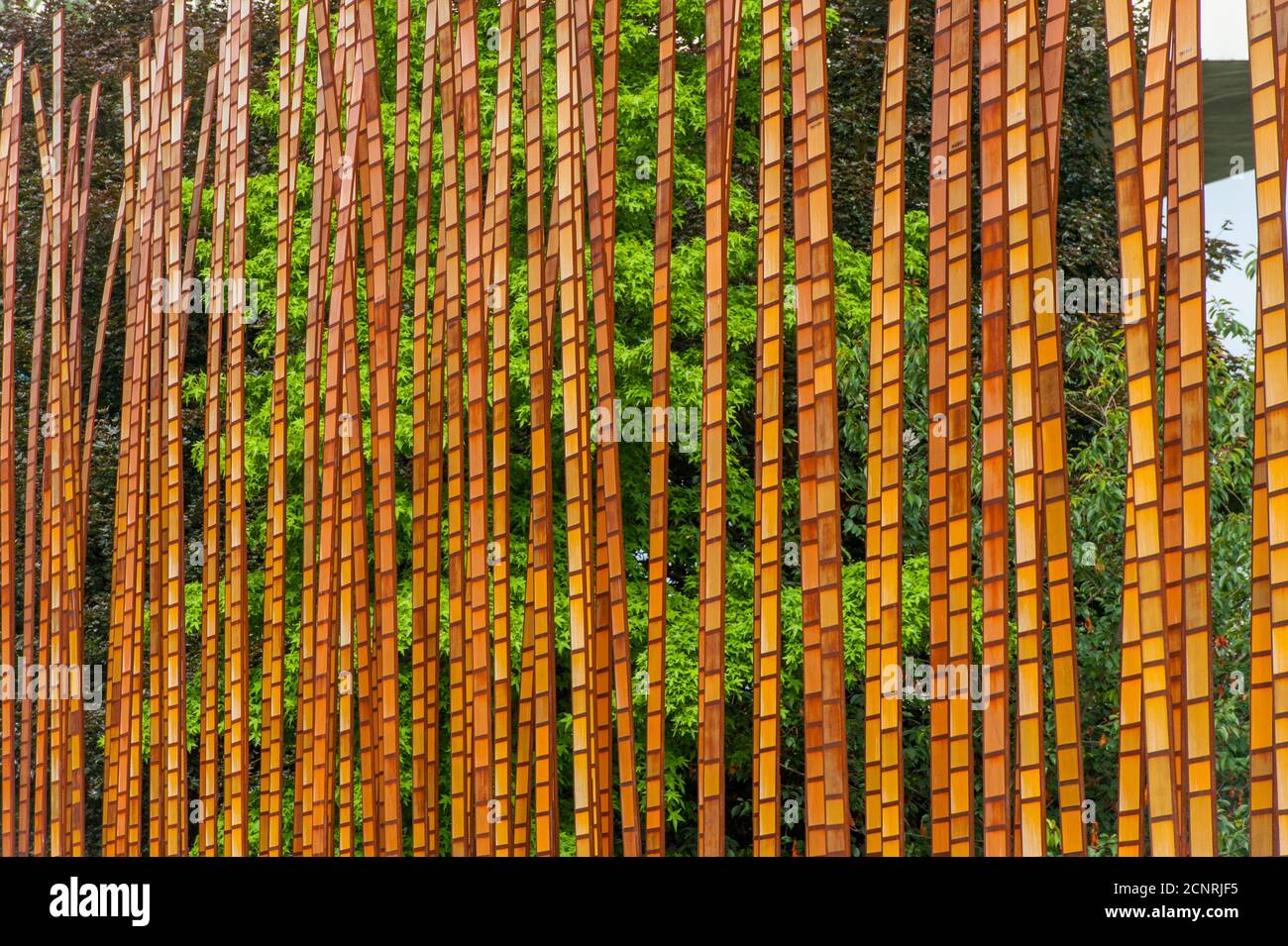 La scultura Grass Blades dell'artista John Fleming adiacente al Museo della Cultura Pop al Seattle Center di Seattle, Washington state, USA. Foto Stock