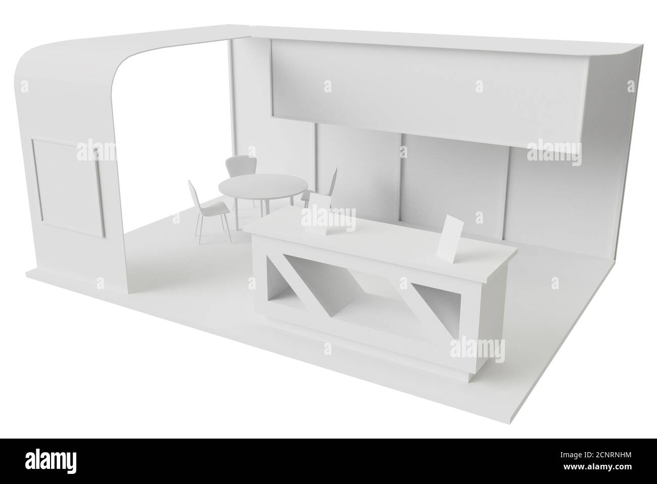 Stand espositivo per la promozione con tavolo e sedia per clienti e visitatori 3D rendere illustrazione mock up. Foto Stock