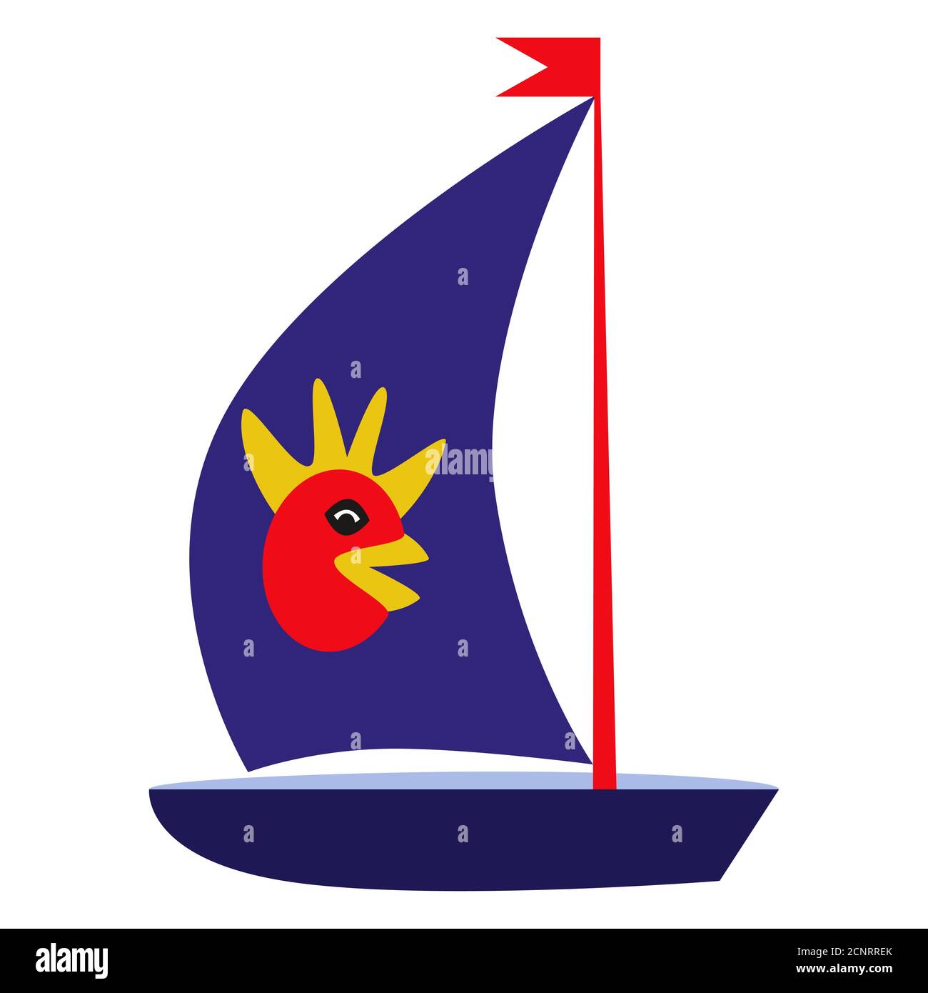 Barca colorata con pollo su una vela su sfondo bianco. Illustrazione di cartoni animati vettoriali. Motivo per interni, moda. Illustrazione per i bambini Illustrazione Vettoriale