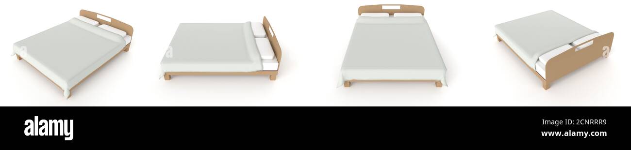 Letto matrimoniale con cuscini e coperta, illustrazione in 3d. Mobili per oggetti nell'appartamento. Foto Stock