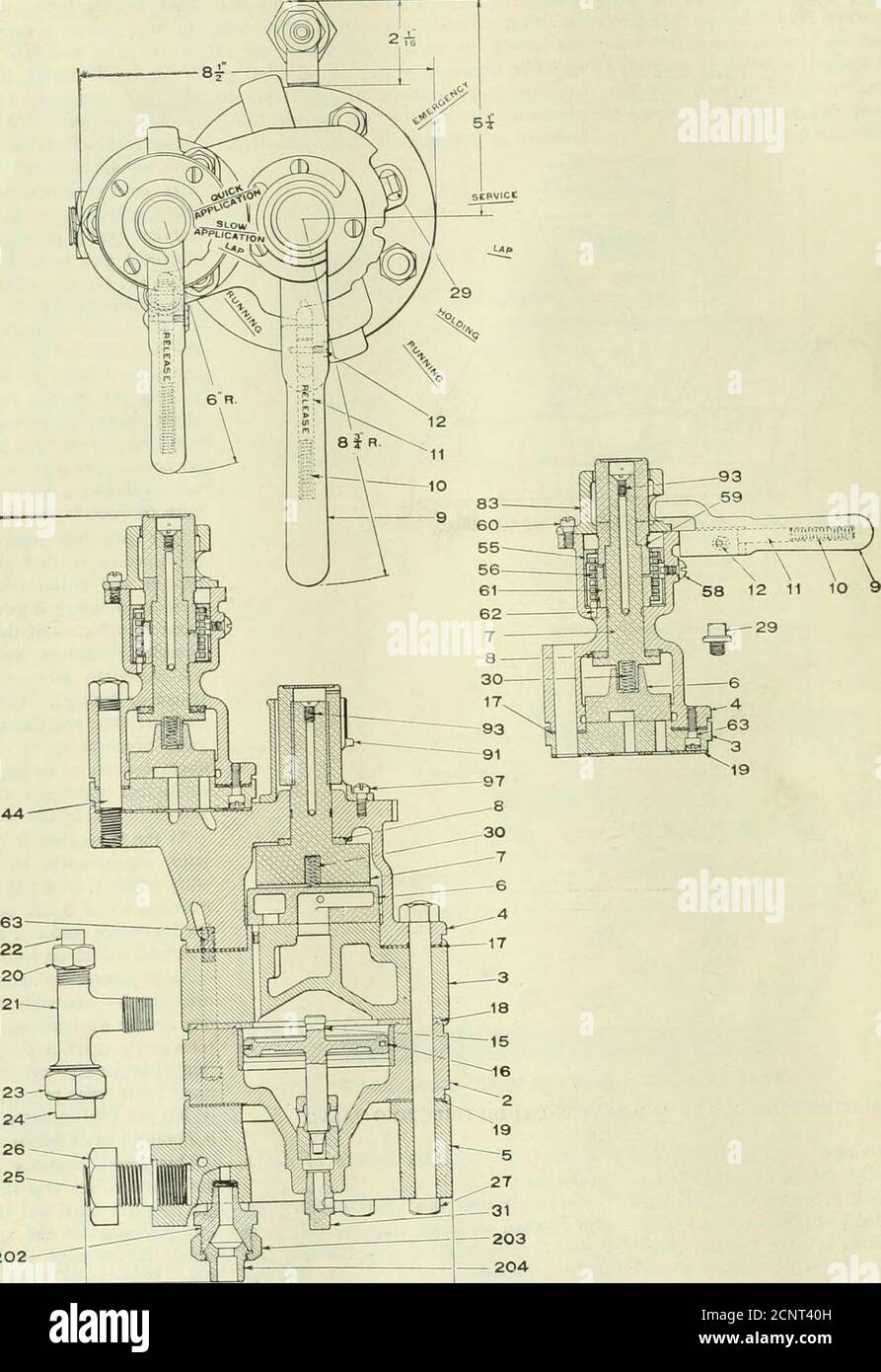 . Ingegneria ferroviaria e locomotiva : una rivista pratica di energia motrice ferroviaria e materiale rotabile. Con alcune modifiche, la valvola può essere azionata elettricamente; tali valvole sono note come valvola e II, ma non sono usatedin manutenzione su strada a vapore. Poiché la trasmissione elettrica dell'appli-catione e il rilascio dei freni è molto disassabile nel servizio stradale a vapore, l'apparecchiatura U. E. è stata sviluppata ed è utilizzata dalla Pennsylvania Railroad, e abbiamo descritto ed illustrato questo tipo di INGEGNERIA FERROVIARIA E LOCOMOTIVA del 104. Marzo 1914. Brake, che la Westinghouse Air Co.Hope a fare un pa standard Foto Stock