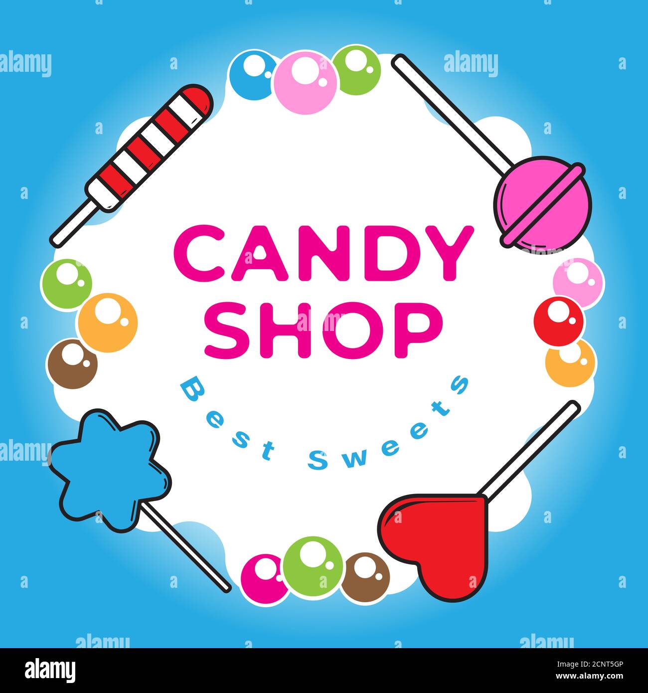 Banner Candy Shop con dolci su sfondo blu. Adatto per il modello di post sui social media o la promozione sui media a stampa Illustrazione Vettoriale