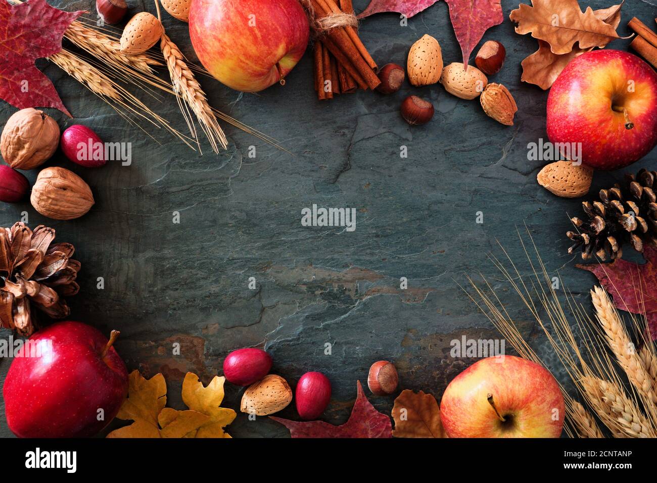 Montatura autunnale di mele, cibo caduta e decorazione su uno sfondo di pietra scuro con spazio di copia Foto Stock
