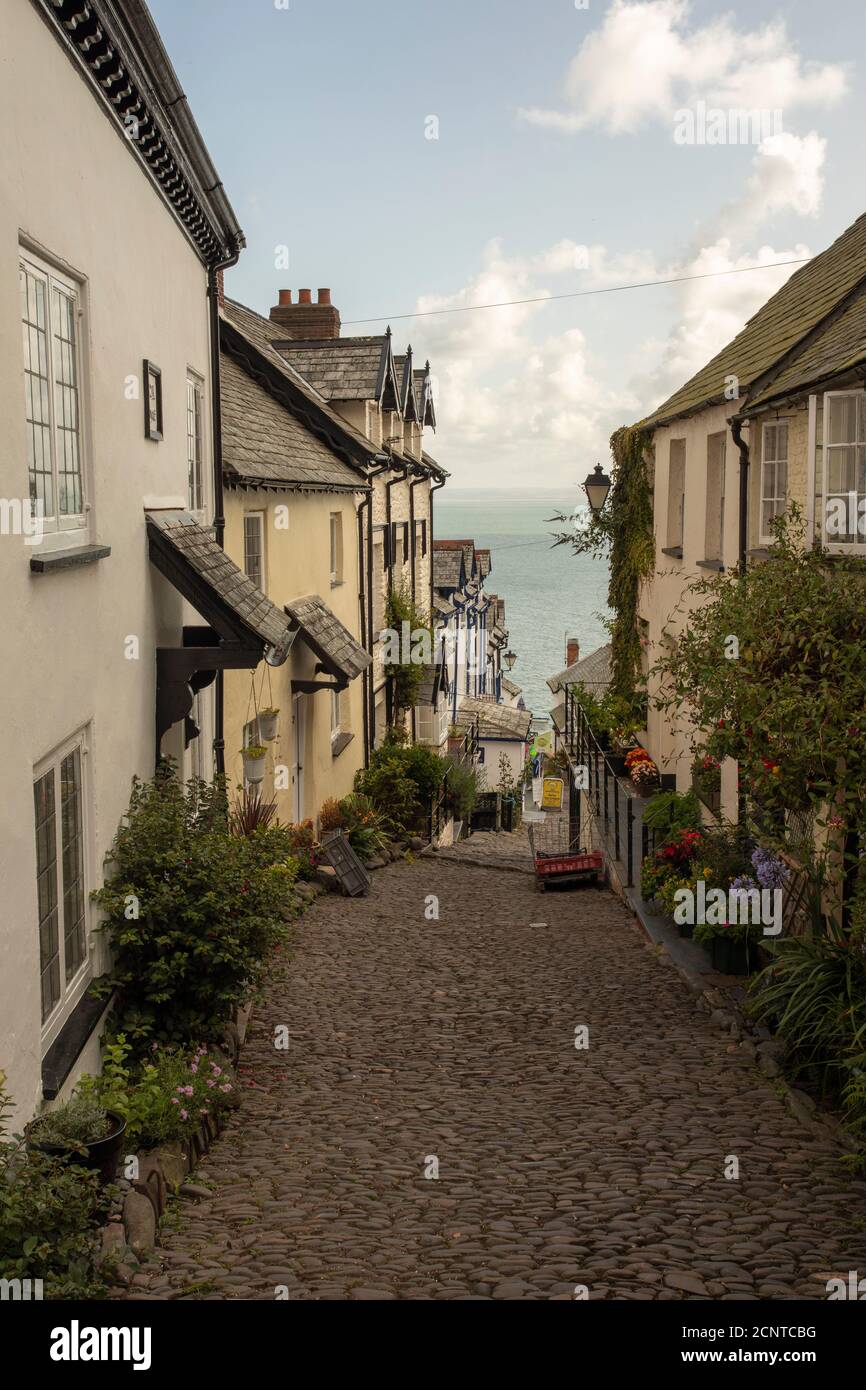 Cottage tradizionali lungo Clovelly High Street, Clovelly, Devon, Inghilterra, agosto, Foto Stock