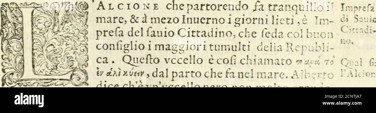 . Delle imprese, trattato . QuandCé turbato Gìotie, e à ntioue tempre o^nhorfuda Vulcano, e teli irata intorno a i Lidi geme ; Confauer quafi humano in me:(^o afcogliparturifce loue Lengel che poco londe irate tempe . sAlVhor concordi fondo i cieli, cnfieme col de fio par che la sìagion contemprc somma tranquillità con le beatrici Sorelle ; e i venti amici Laccefa voglia àjpirar maìfempre Frenan; Glauco corone Intejfe d G.latea, che non fi fìempre, Fyifuonangli ^ntri de Ciclopi i fuonl Quando tranquillo il mar fan lalcioni.. pfg|:,|-g conliglioi maggiori tumulti deìlaRcpuMi- *WvSitij^ ca. Foto Stock