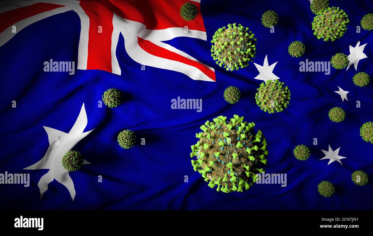 COVID-19 molecole di Coronavirus sulla bandiera australiana - crisi di salute con Aumento dei casi di COVID - Australia Virus Pandemic casueties Abstract Sfondo Foto Stock