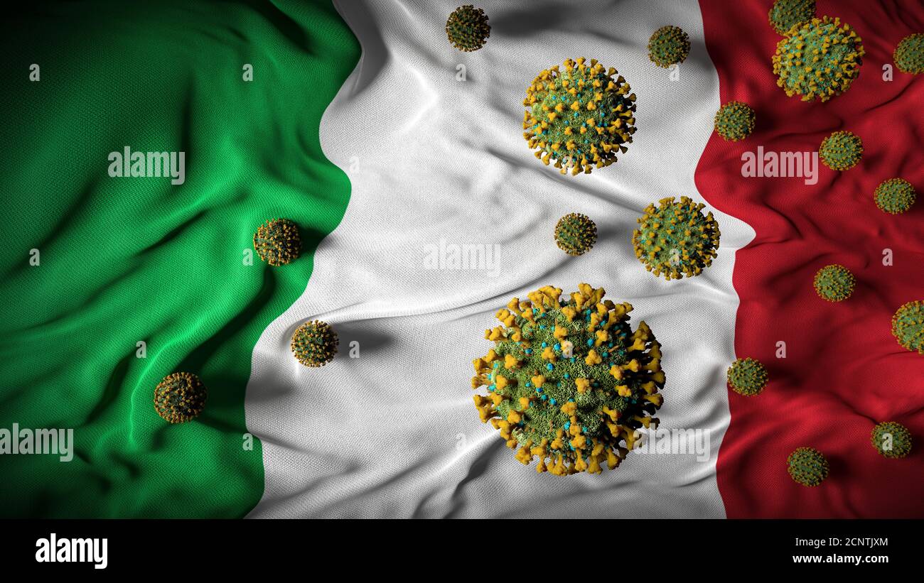 COVID-19 molecole di Coronavirus su bandiera italiana - crisi sanitaria con Aumento dei casi di COVID - Italia Virus Pandemic casueties Abstract Sfondo Foto Stock