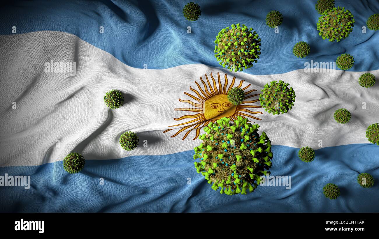 COVID-19 molecole di Coronavirus sulla bandiera argentina - crisi di salute con Aumento dei casi COVID - Argentina Virus Pandemic casualità astratto Sfondo Foto Stock