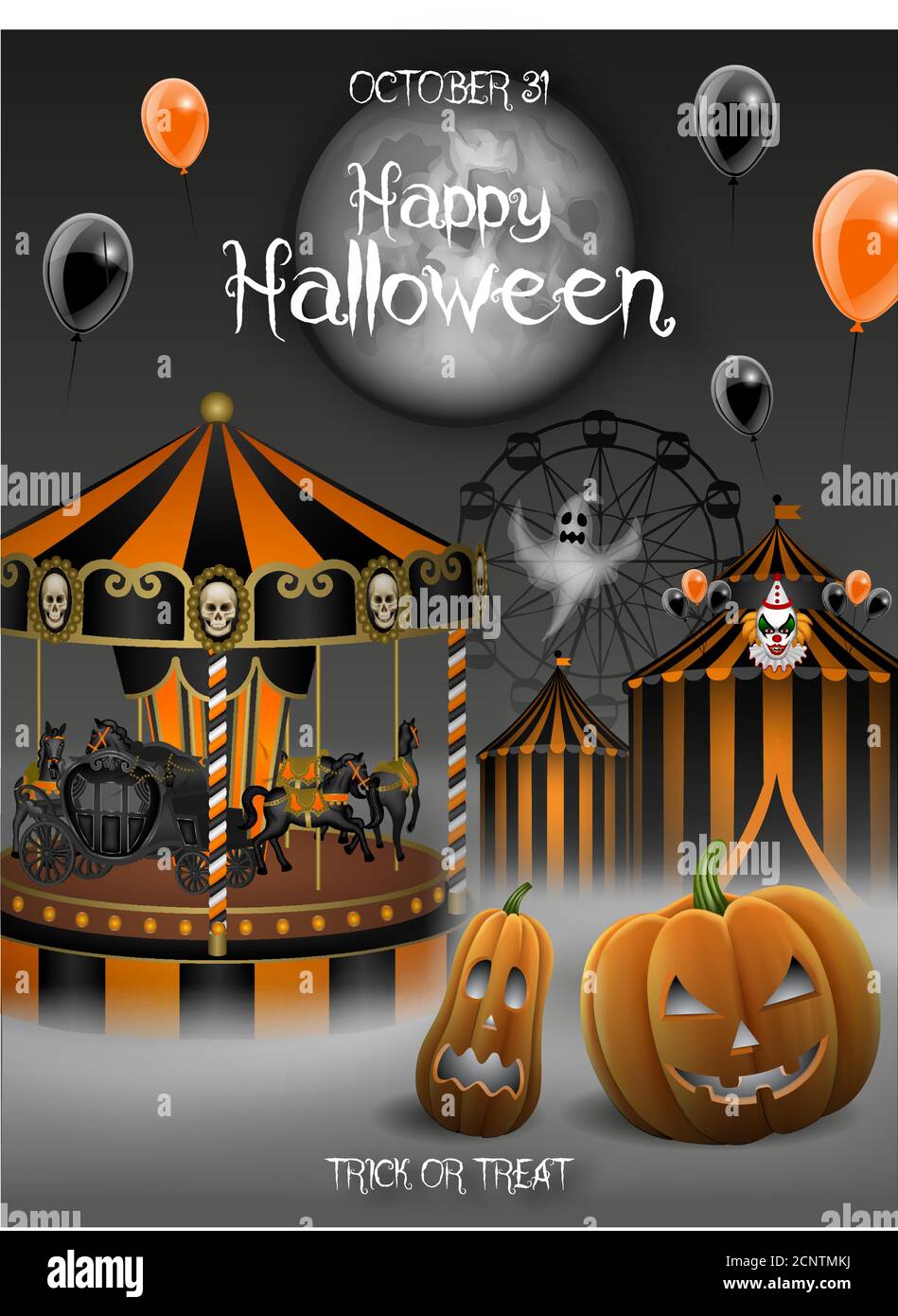 halloween sfondo con zucche, carosello e circo. infestato funfair illustrazione Illustrazione Vettoriale