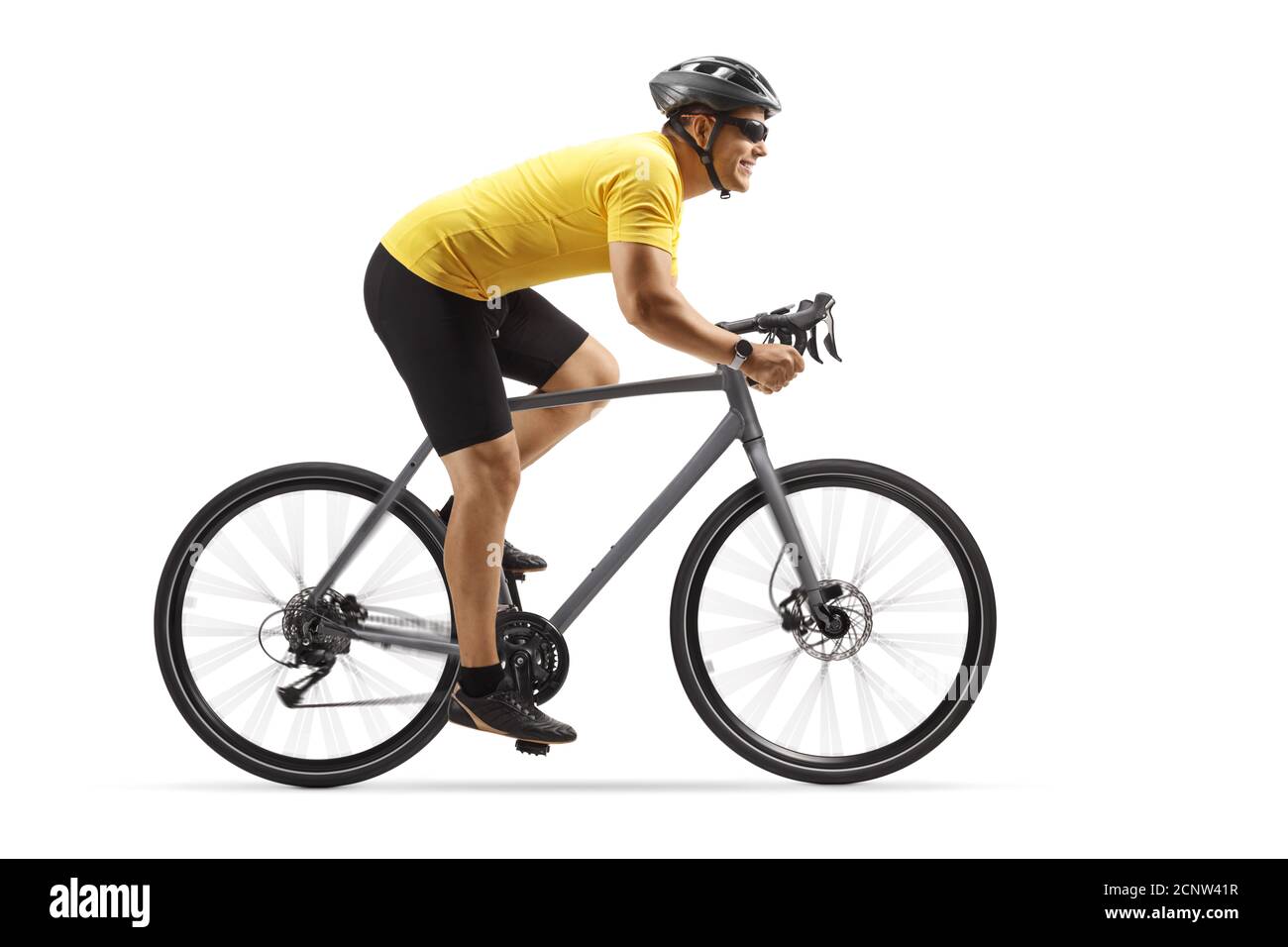 Foto di profilo di un ragazzo che guida una bici da strada grigia isolato su sfondo bianco Foto Stock