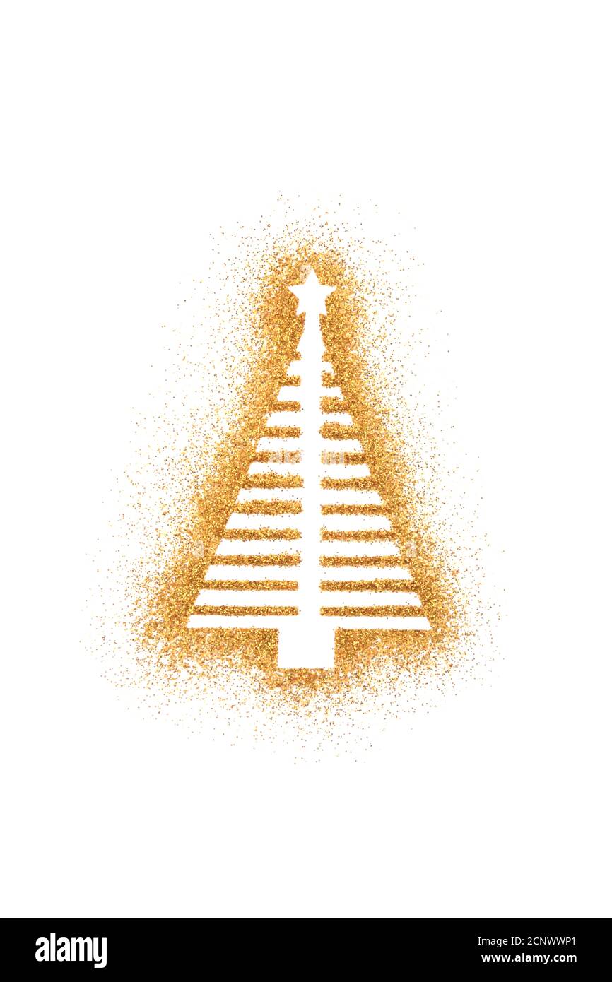 Forma dell'albero di Natale su glitter dorato isolato su sfondo bianco Foto Stock