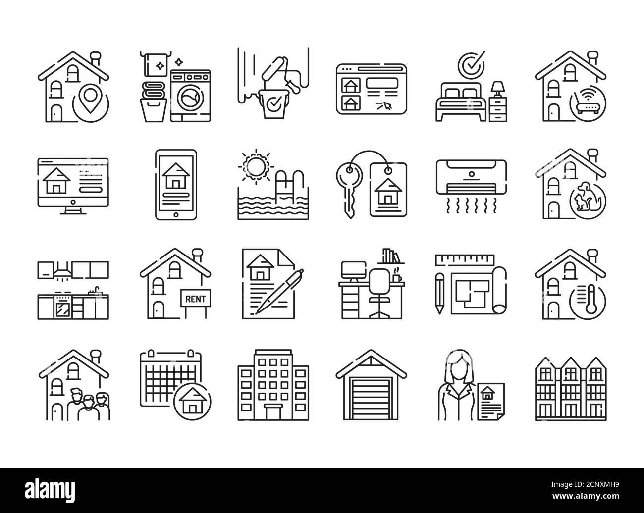 Affitto casa e immobiliare nero linea icone set. Edifici e proprietà. Acquisto, vendita e leasing. Pittogramma per pagina web, app mobile, promo. UI UX Foto Stock