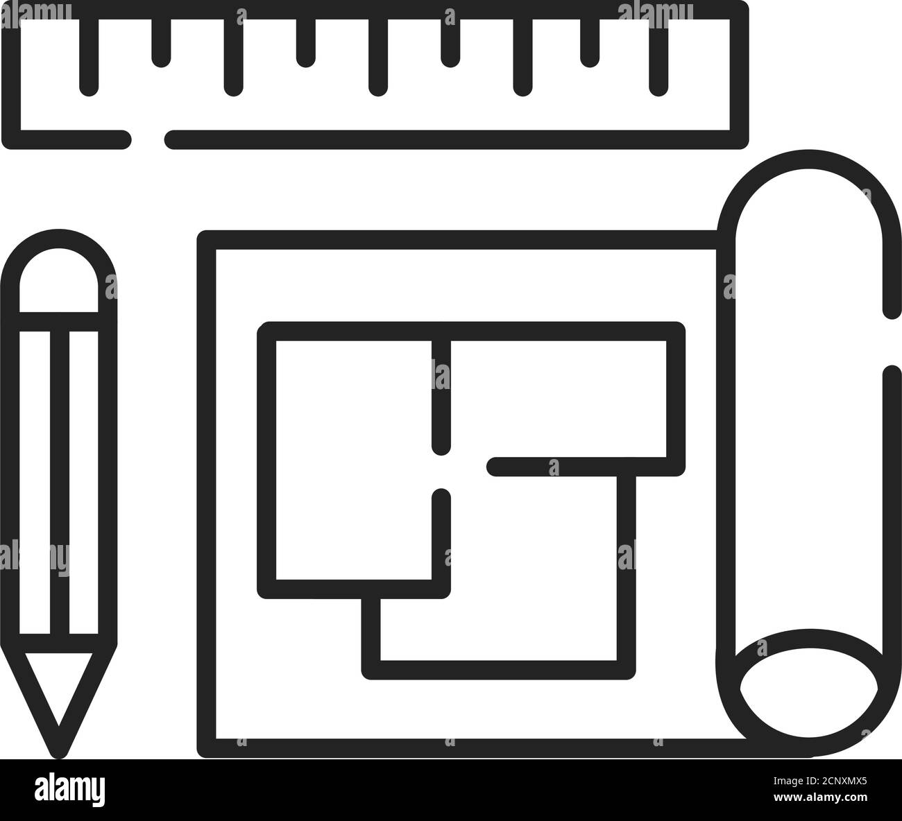 Icona della linea nera del piano della casa. Una serie di disegni di costruzione o di lavorazione. Definire tutte le specifiche di una casa. Pittogramma per pagina Web, app mobile Illustrazione Vettoriale