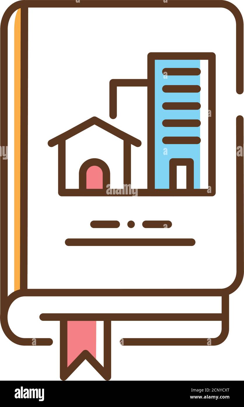 Icona della linea a colori del libro immobiliare. Lercing circa gli edifici o l'alloggiamento in generale. Proprietà composta di terra e gli edifici su di essa. Pittogramma per il Web Illustrazione Vettoriale