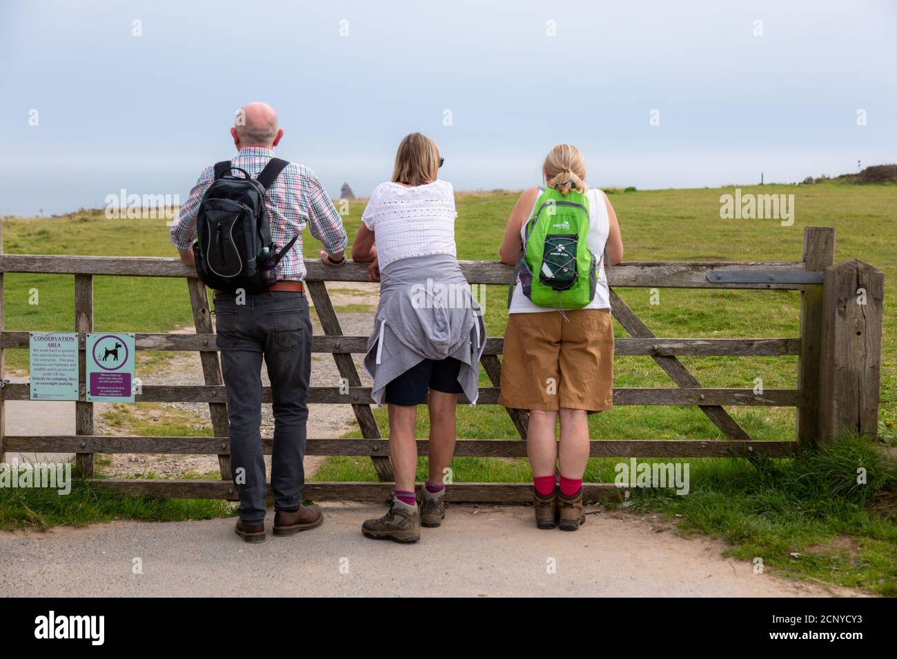 Tre persone godendo la vista su un cancello di legno, estate 2020, Regno Unito Foto Stock