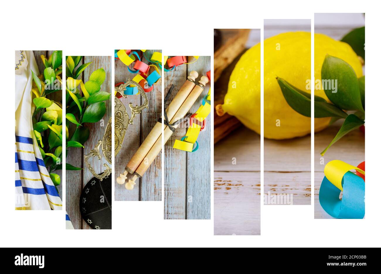 Simboli tradizionale ebreo festival religioso su carta colorata catena garland Di Sukkot libro di preghiera Kippah Tallit Foto Stock