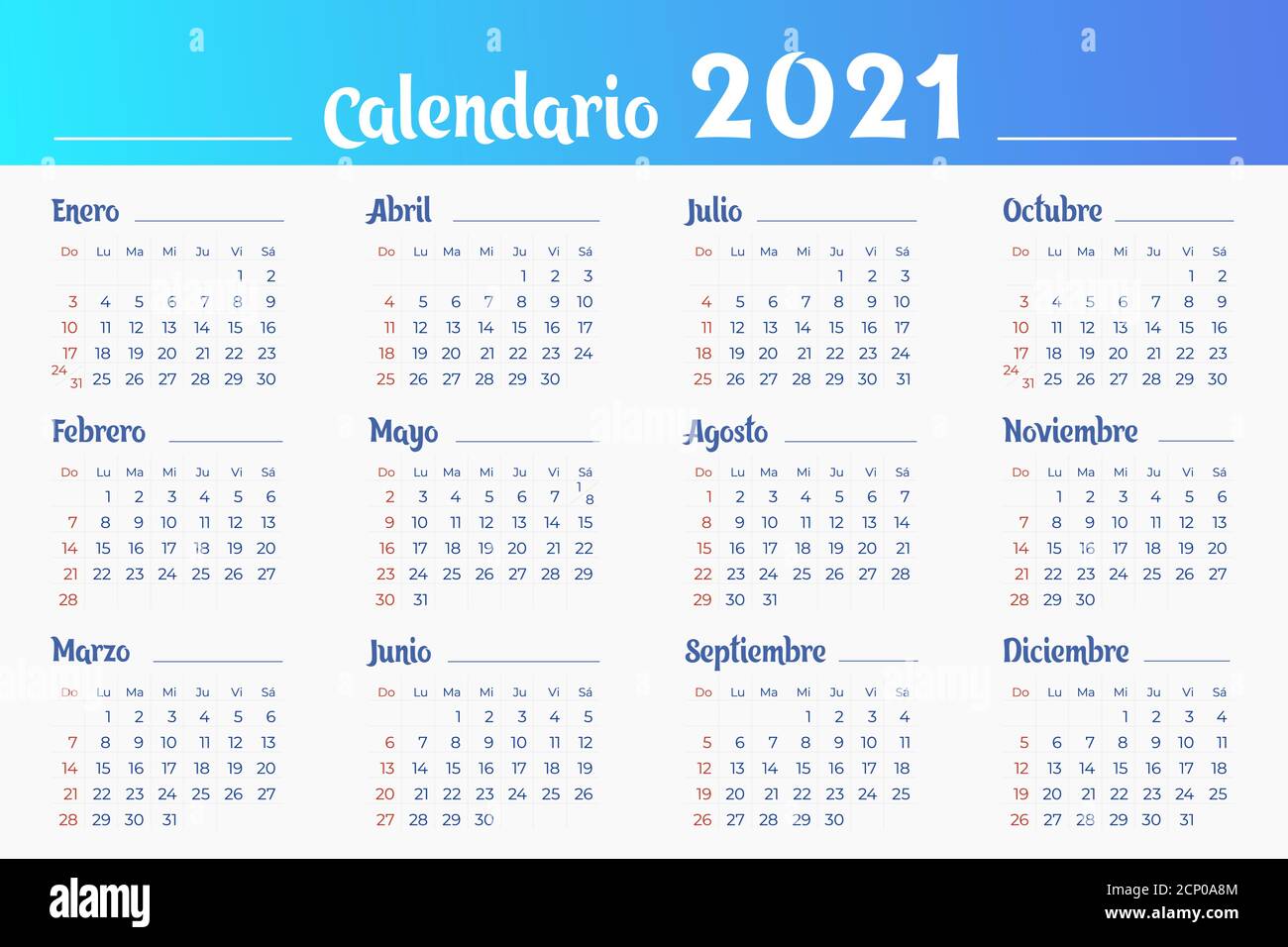 Calendario 2021 modello in spagnolo. 12 mesi. Le domeniche sono evidenziate in rosso. Modello vettoriale modificabile. Poster orizzontale, banner, web. Illustrazione Vettoriale