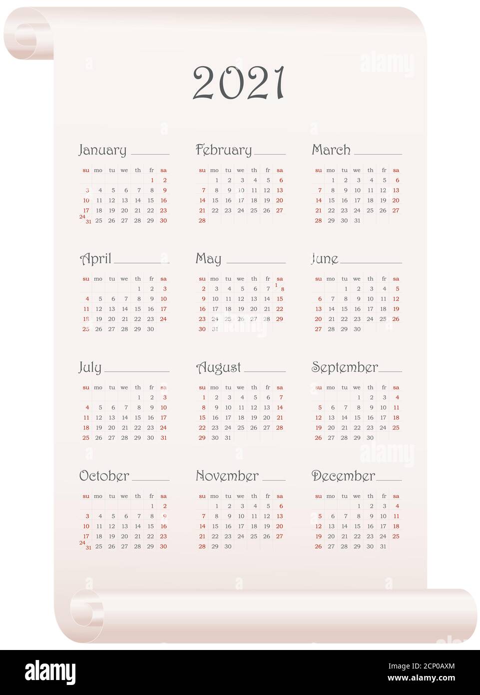 Modello di calendario 2021. 12 mesi su pergamena verticale isolata su  bianco. La settimana inizia la domenica. Design del calendario modificabile  vettoriale Immagine e Vettoriale - Alamy