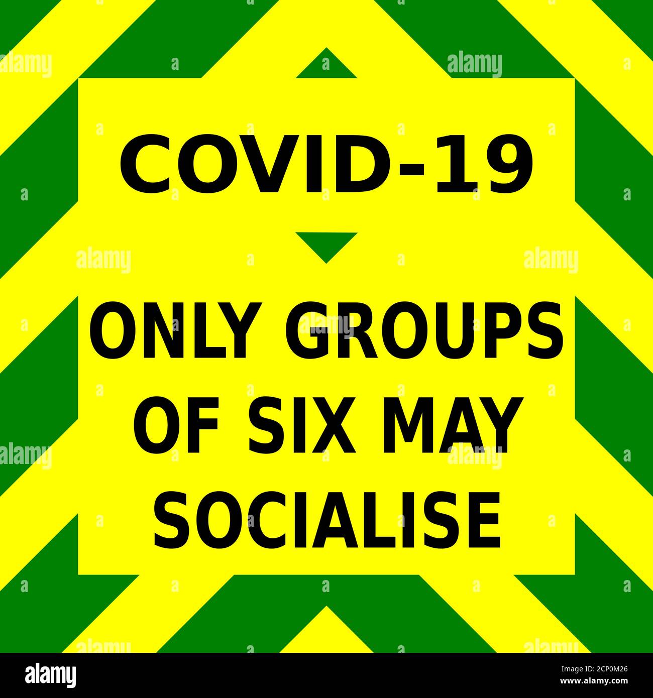 Grafico vettoriale verde e giallo, che suggerisce che solo gruppi di sei possono socializzare, al fine di ridurre la possibilità di una seconda ondata di infezioni di covidio Illustrazione Vettoriale