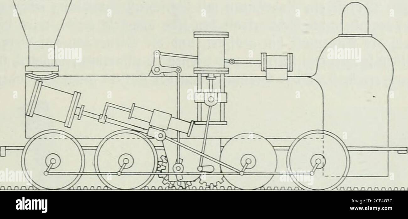 . Der Weltverkehr und seine Mittel, mit einer Übersicht über Welthandel und Weltwirtschaft; . ®ie erften 3i^nrablofomotiocn. 227. ®tttlirnrts iTokomotiuj Tür hit JiIubtr«jn=5nbtonflpolis=Snljn, 1847. (Srfte öereintgte 3ieibung«= unb Sö^nrabtotomotiDe.) 229. S)ie ©eic^II^te ber 3&lt;-i^nvaMofomottöe l^ängt eng mit ber im erften 5Iblc^itit @. 130 ff.gegebenen ©efd^tc^te ber ^ß^l^i^iien jufammen. Slenfinfop f)atte 1811 feine erfte:^ofomottüe btefer 3(rt bei Dhirrai) in ^eftellung gegeben, fie luurbe ein ^ai)V fpäter in ^Betrieb gefegt. 5{nf ^ 7 ftarf anfteigenber StrecfeDermoc^te fie jrtiar i Foto Stock