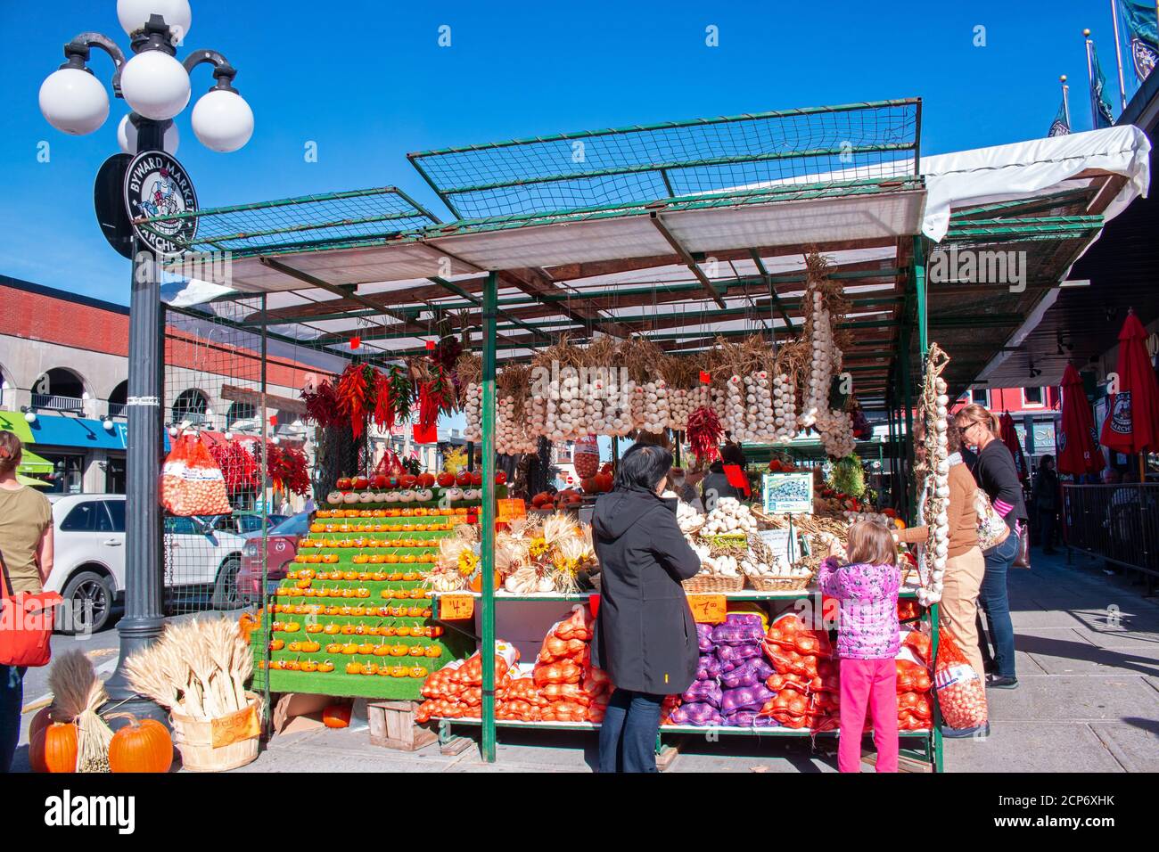 Zucche dipinte con colori e prodotti agricoli in una cabina di vendita In Byward Market con la gente che acquista sotto il cielo soleggiato di autunno Foto Stock