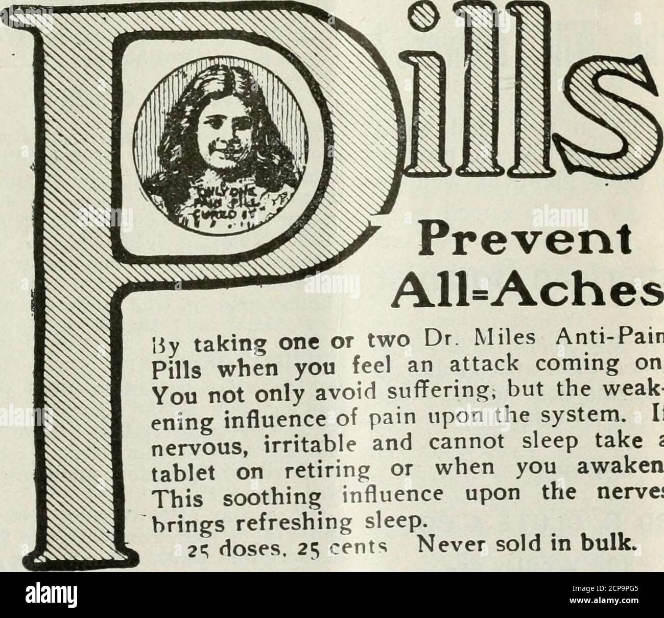 . Il oist. jr ivfilesAnti-pain pill.- Cure mal di testa quasi istantaneamente e non lasciare cattivi effects.They anche alleviare ogni altro dolore, Neura-gia, dolore reumatico, Sciatica, mal di schiena, mal di stomaco, dolori di ago, dolori da in-giuria, dolori di cuscinetto-giù, indigestione, Diz-ziness, nervosismo e insonnia. PreventAll=Aaches liy prendendo uno o due Dr. Miles Anti-PainPills quando si sente un attacco in arrivo.non solo evitare la sofferenza, ma l'influenza debole del dolore sul sistema. I!nervosa, irritabile e non può dormire prendere l'atablet in pensione o quando si risvegliano.questa rilassante influenza sul ne Foto Stock