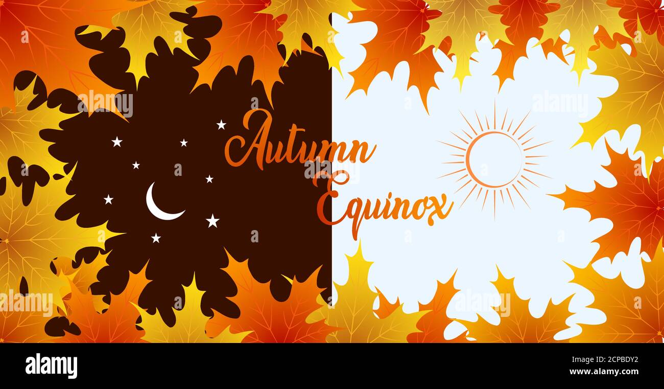 Illustrazione vettoriale dell'equinozio autunnale. Settembre 22. Design concettuale con foglie d'acero di colore più scuro e chiaro. Crescent con stelle e sole. Illustrazione Vettoriale