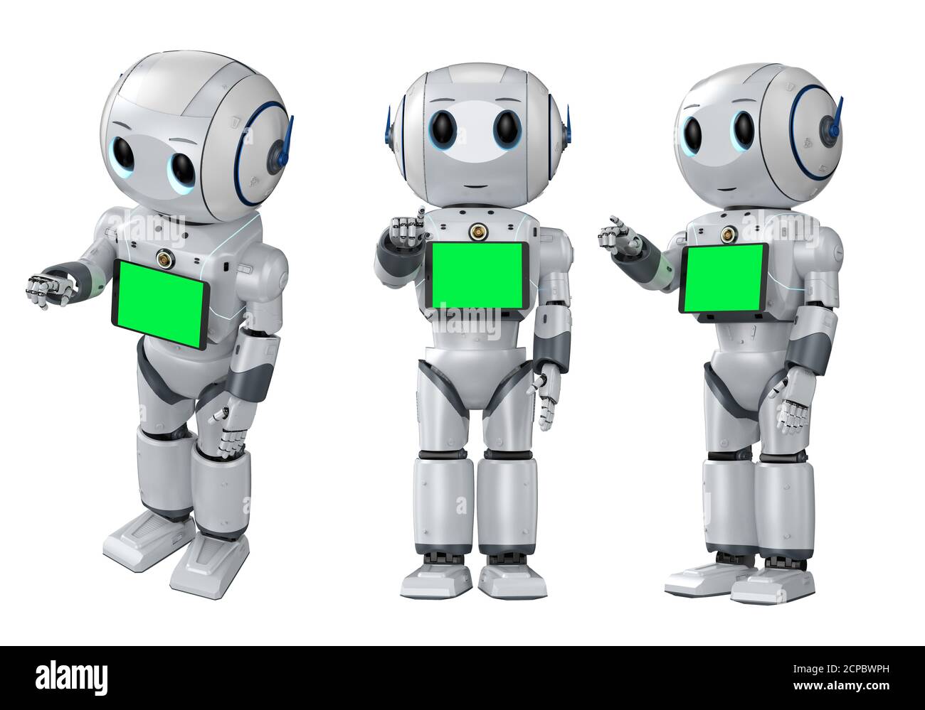 set di rendering 3d di graziosi robot di intelligenza artificiale punta le dita con tablet a schermo vuoto Foto Stock
