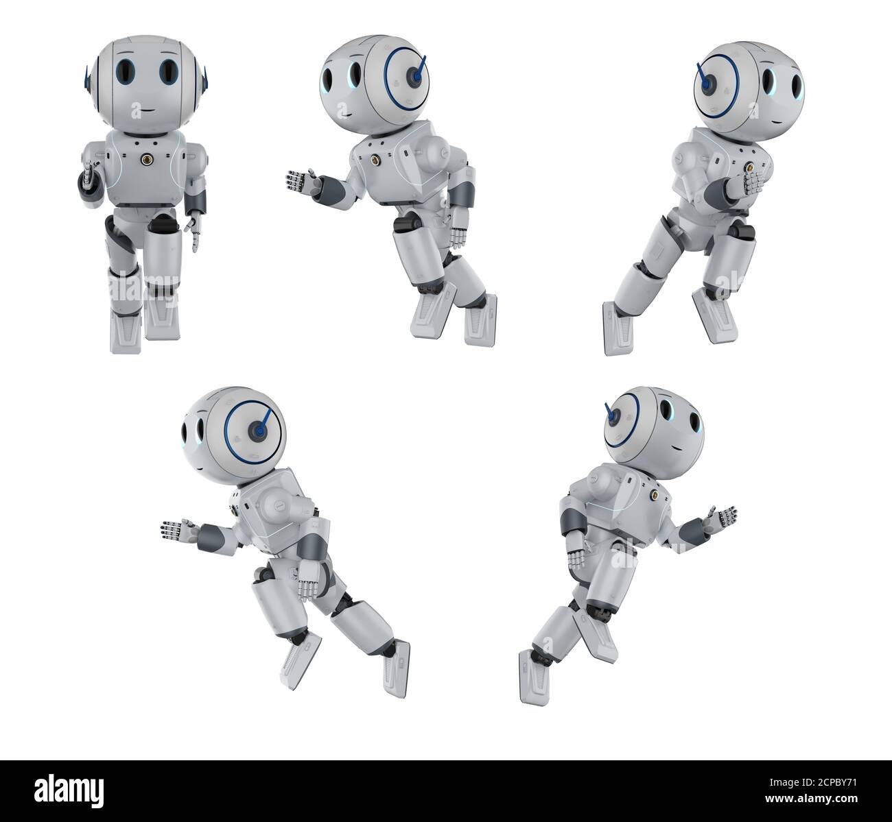 set di rendering 3d di simpatici robot di intelligenza artificiale in esecuzione o. sposta Foto Stock