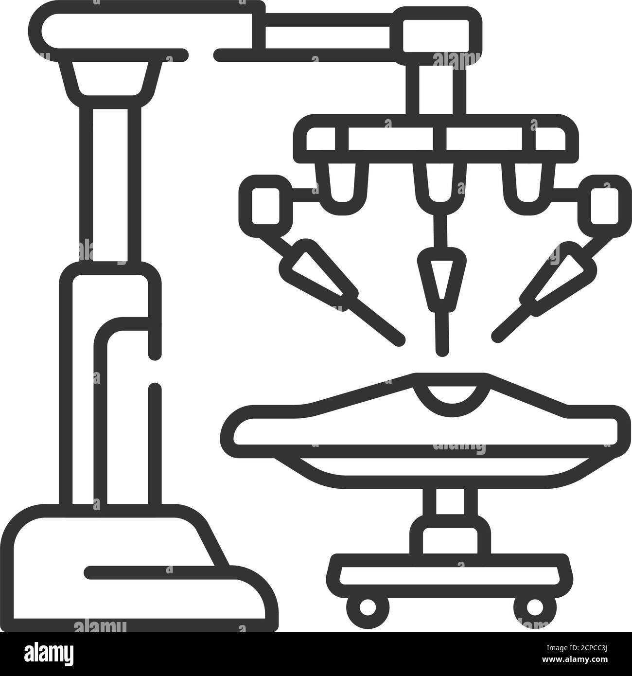 Icona della linea nera del robot medico. Il chirurgo robot crea un paziente chirurgico sul tavolo operatorio. Innovazione in medicina. Firma per pagina Web, app. GUI UI UX Illustrazione Vettoriale