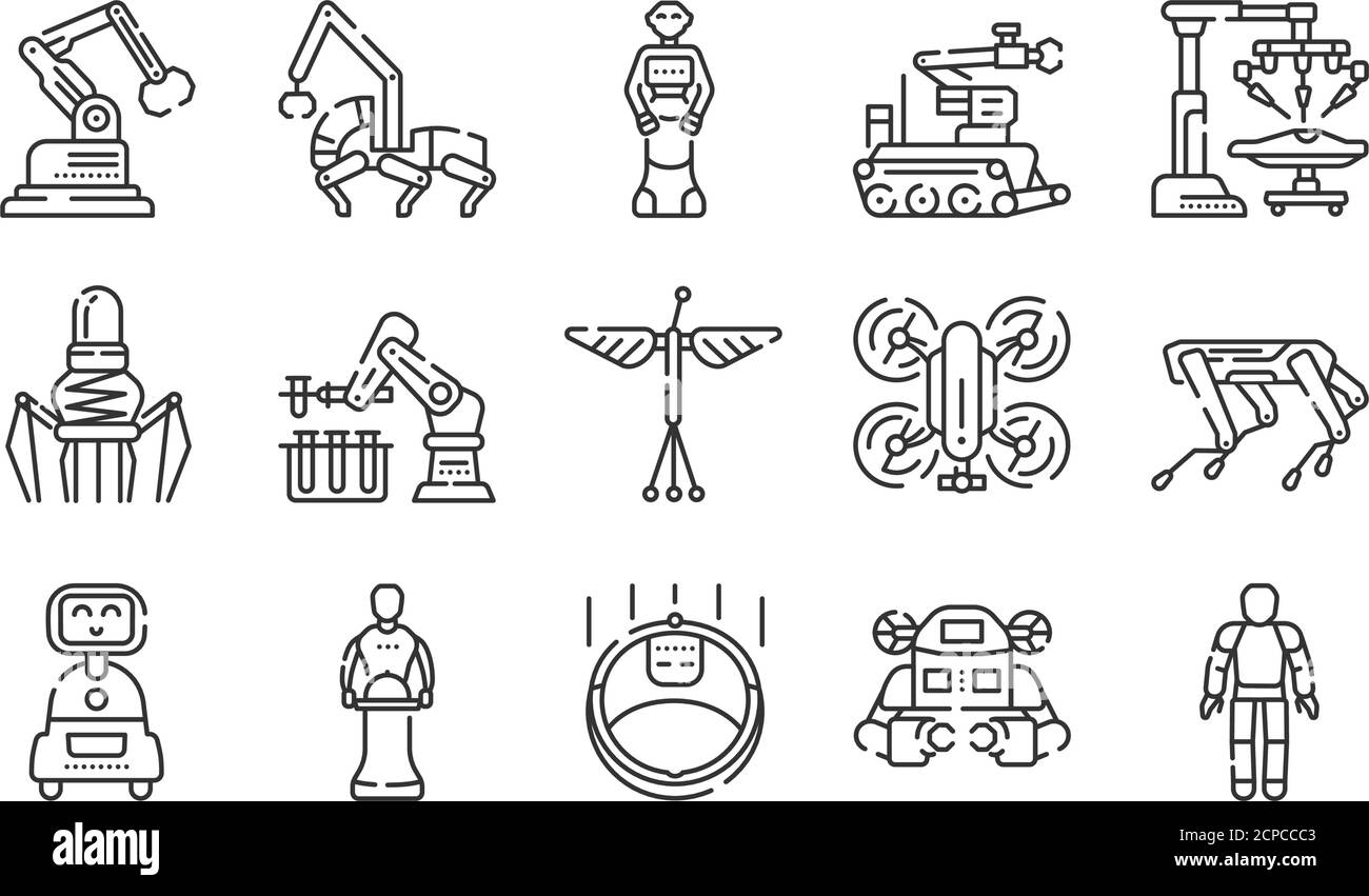 Set di icone di linee nere dei robot. Innovazione tecnologica. Assistenti per le persone in diversi settori. Firma per pagina Web, app. Elemento di progettazione GUI UI UX Illustrazione Vettoriale