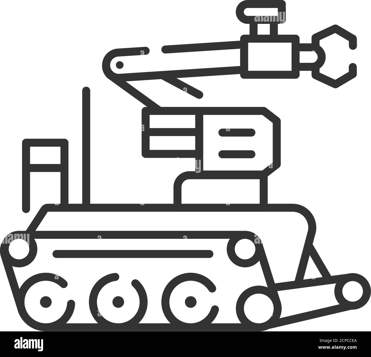 Icona della linea nera del robot militare. Robot per lo smaltimento di bombe o ordigni esplosivi EOD. Innovazione tecnologica. Firma per pagina Web, app. GUI UI UX Illustrazione Vettoriale