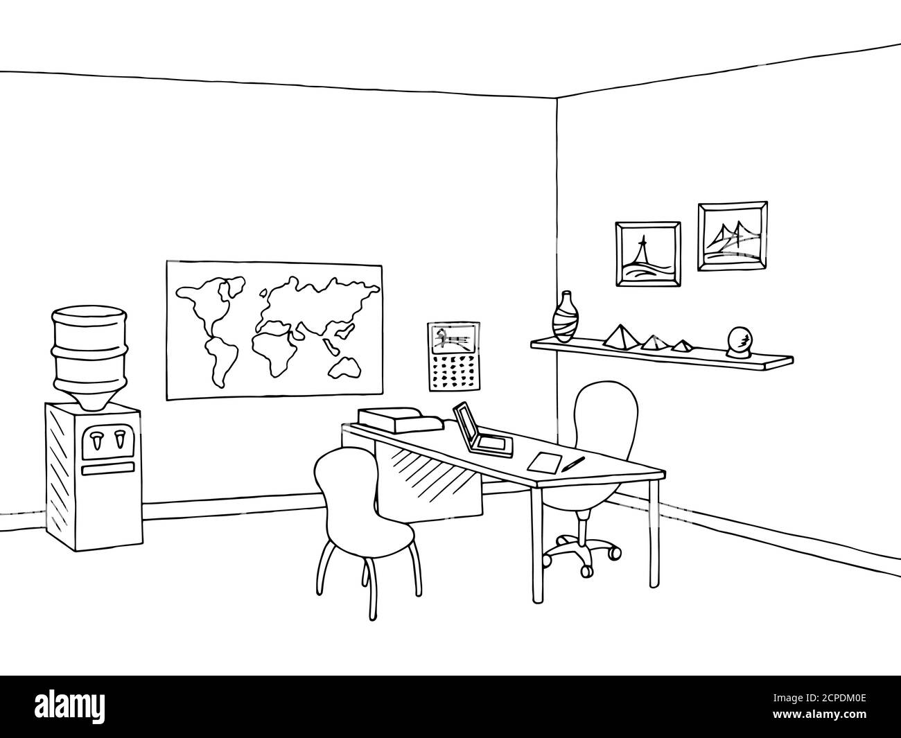 Agenzia di viaggi ufficio interno grafico nero bianco disegno illustrazione vettore Illustrazione Vettoriale