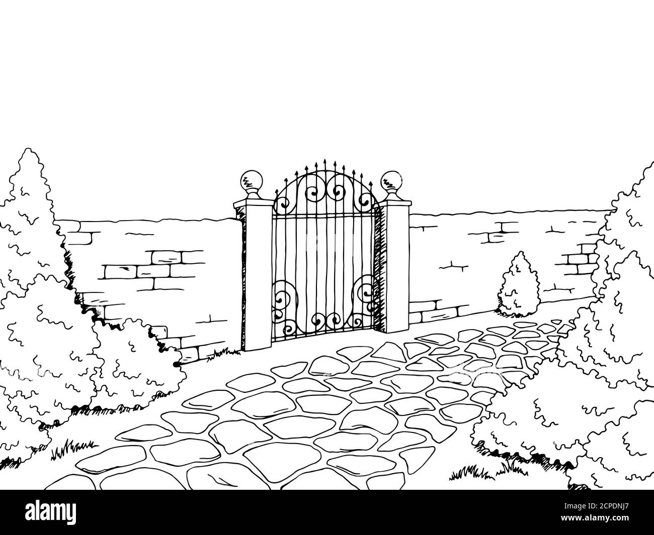Vettore di illustrazione di schizzo bianco nero grafico orizzontale del cancello con recinzione a parete Illustrazione Vettoriale