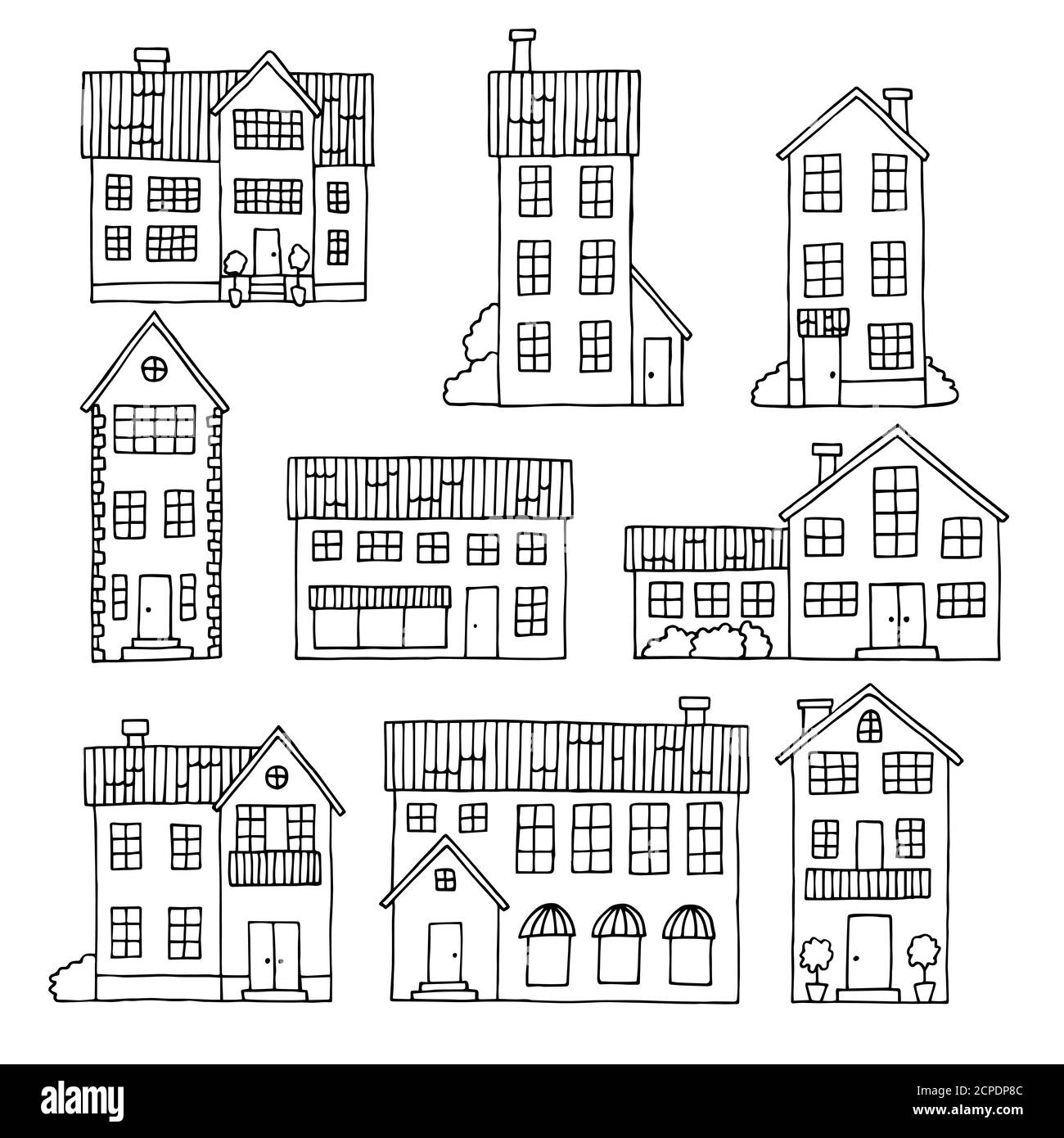 Schema di disegno isolato bianco nero del set di case Illustrazione Vettoriale