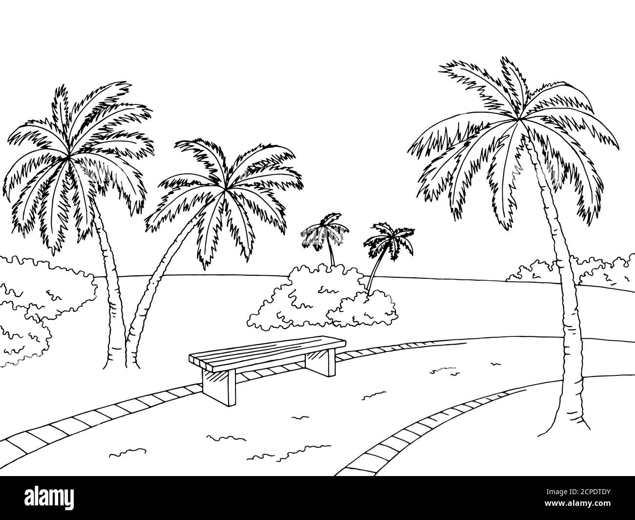 Parco palme arte grafica nero bianco panca paesaggio schizzo vettore di illustrazione Illustrazione Vettoriale