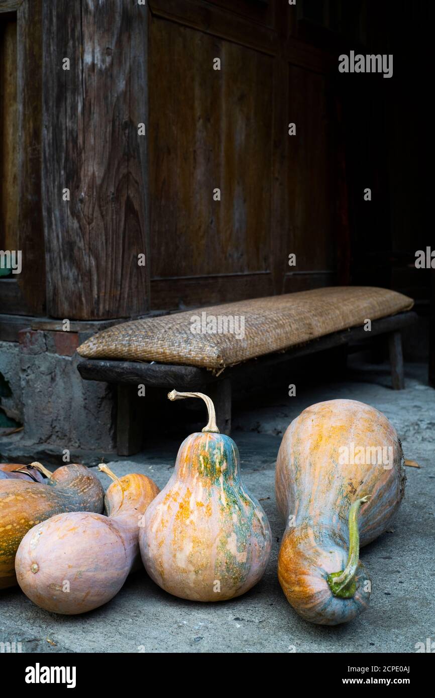 Le zucche raccolte a Ping'an si siedono fuori da una casa tradizionale da un posto a sedere. Foto Stock