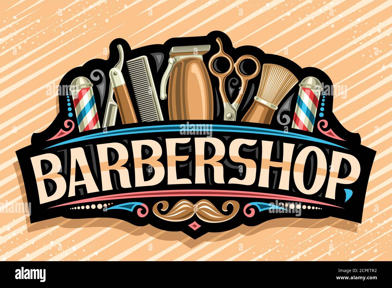 Logo vettoriale per Barbershop, cartellone decorativo nero con accessori di bellezza professionale dorati, lettere uniche per barbiere di parole, signa vintage Illustrazione Vettoriale